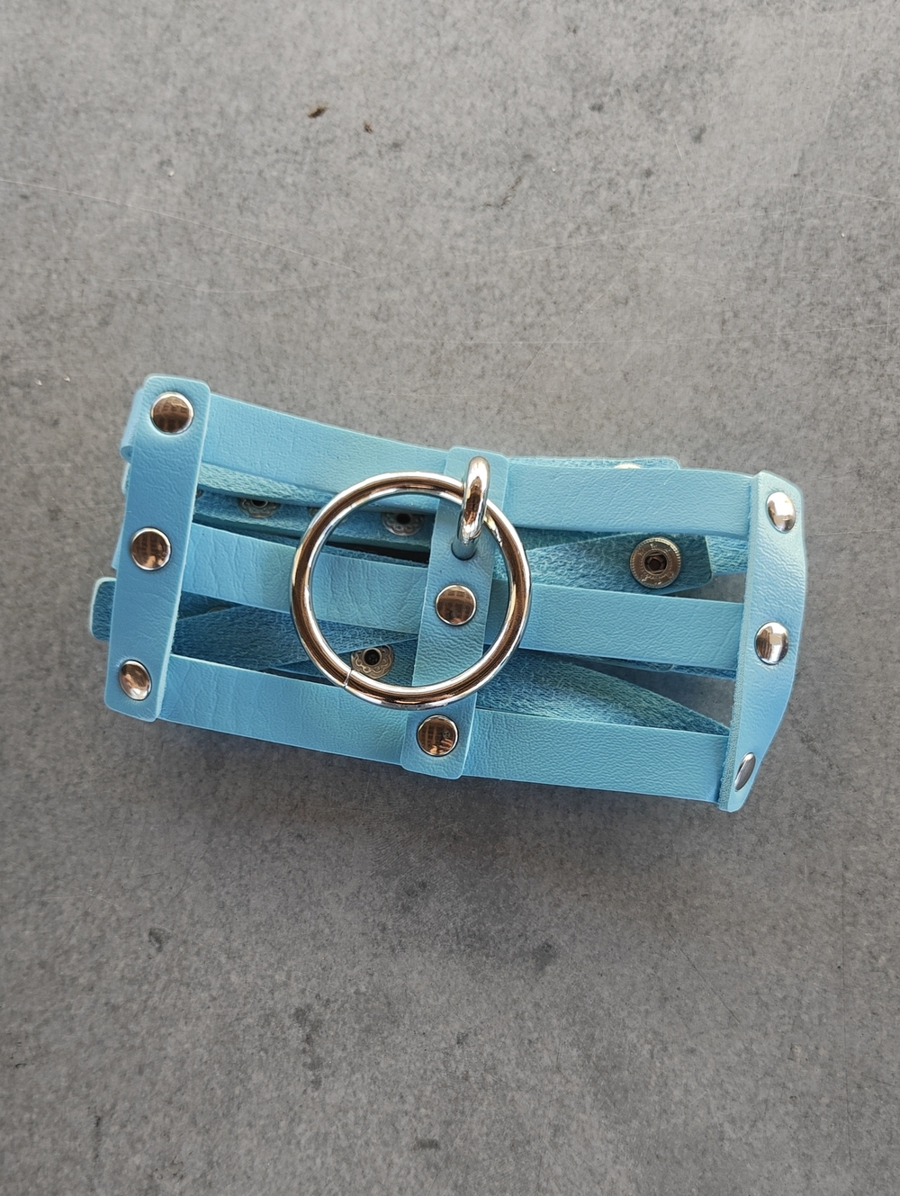 Light Blue Leather Cage Strappy Choker Necklace with Silver Ring